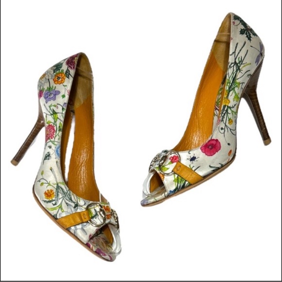 Gucci Satin Horsebit Pumps US 10 White Floral Peep Toe High Heels Buckles - Picture 12 of 12